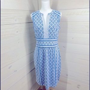 J. McLaughlin Art Deco Print blue and white dress